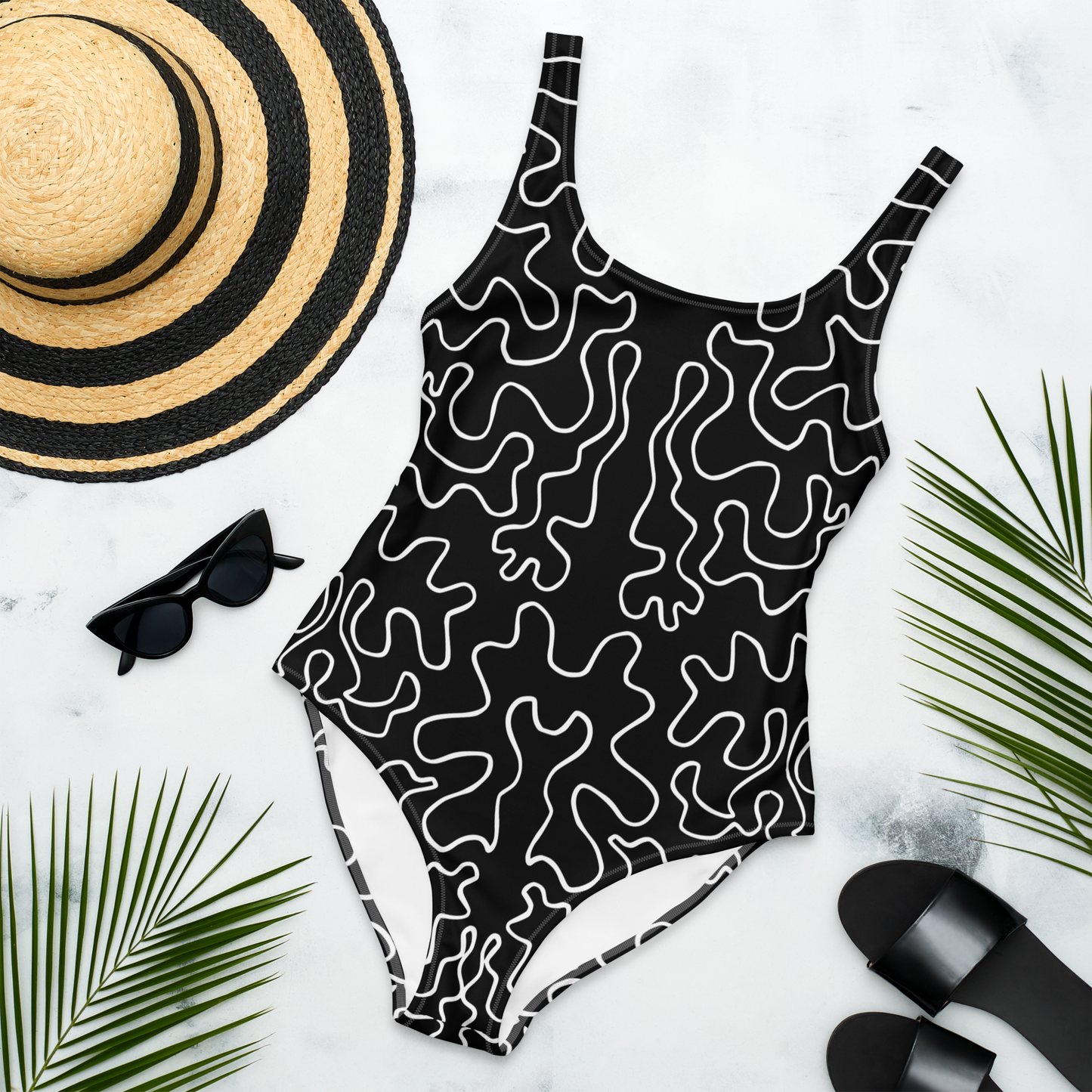 One-Piece Swimsuit (Black & White Squiggle)