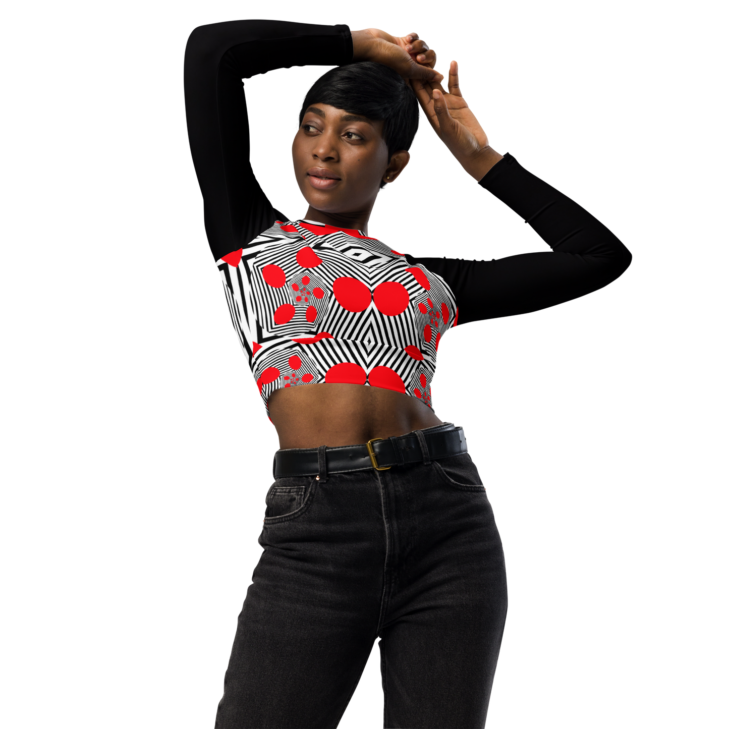 Long-sleeve crop top (Red Geometric)