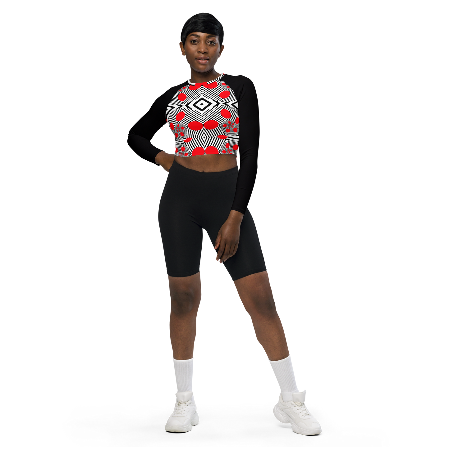Long-sleeve crop top (Red Geometric)