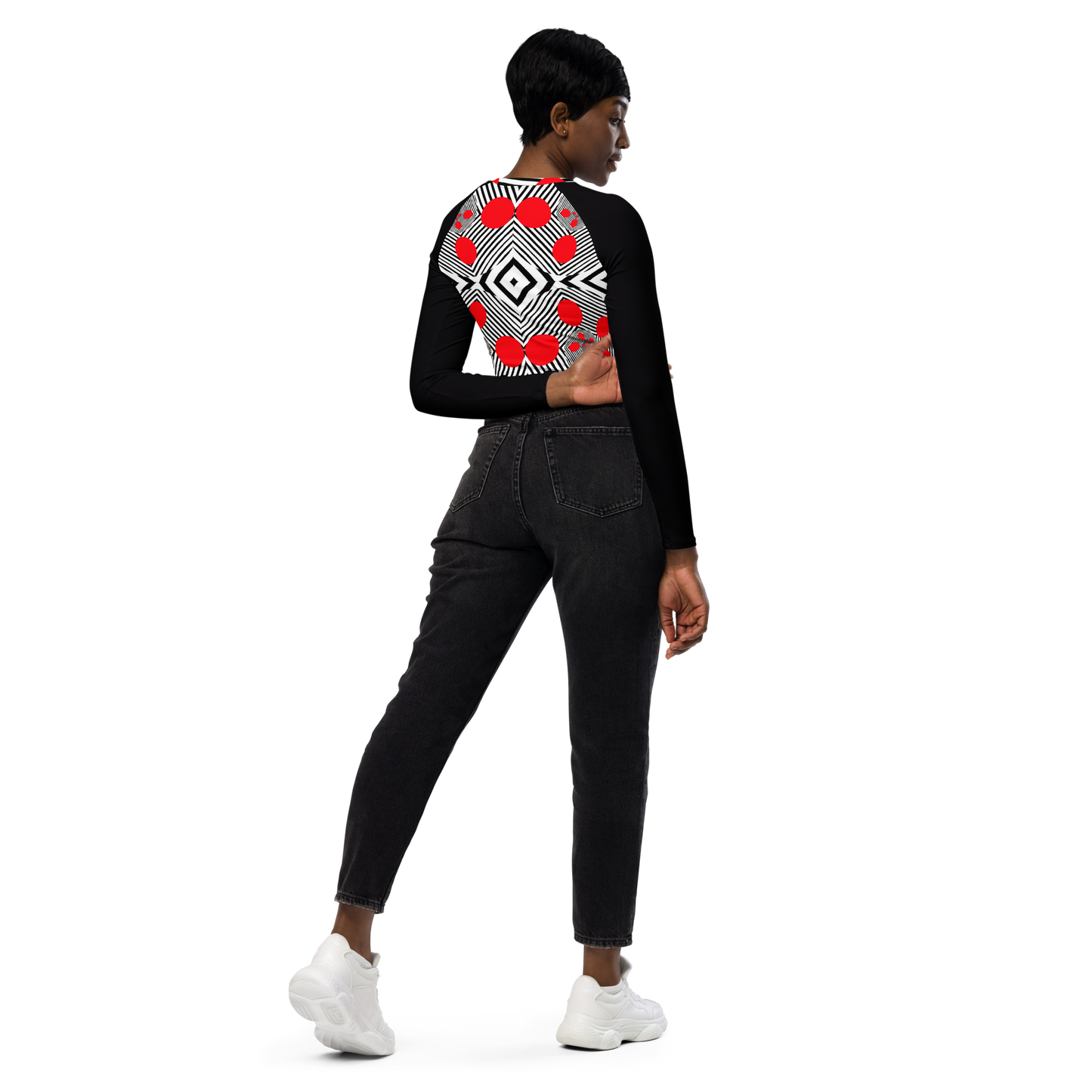 Long-sleeve crop top (Red Geometric)