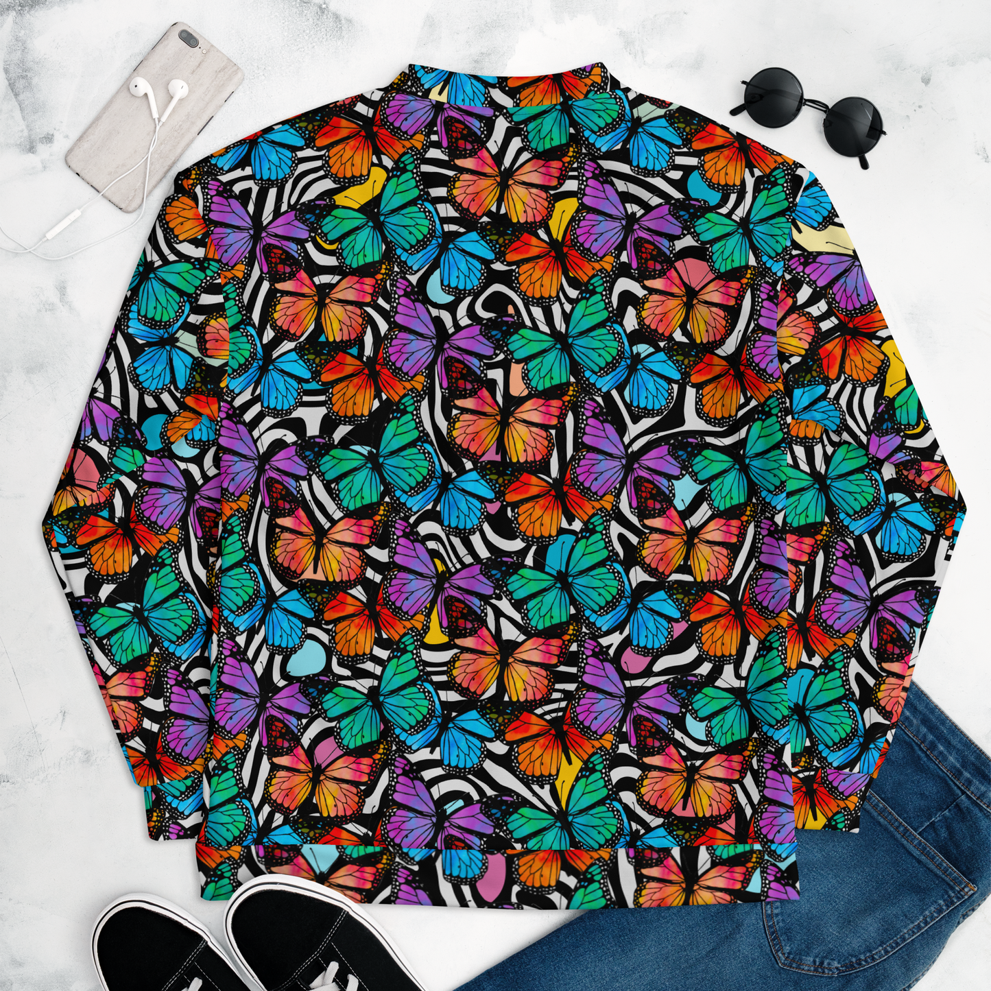 Unisex Bomber Jacket (Butterflies|Black & White)