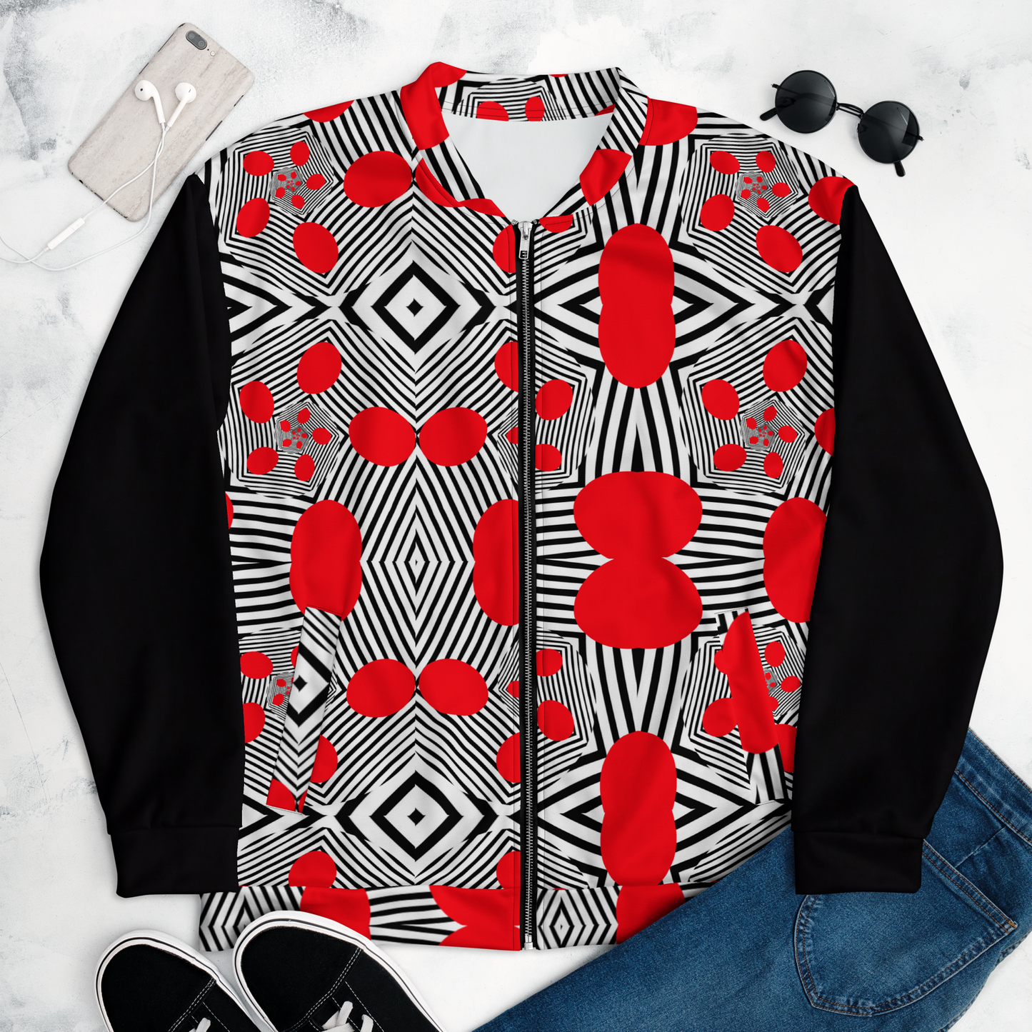 Unisex Bomber Jacket (Red Geometric)