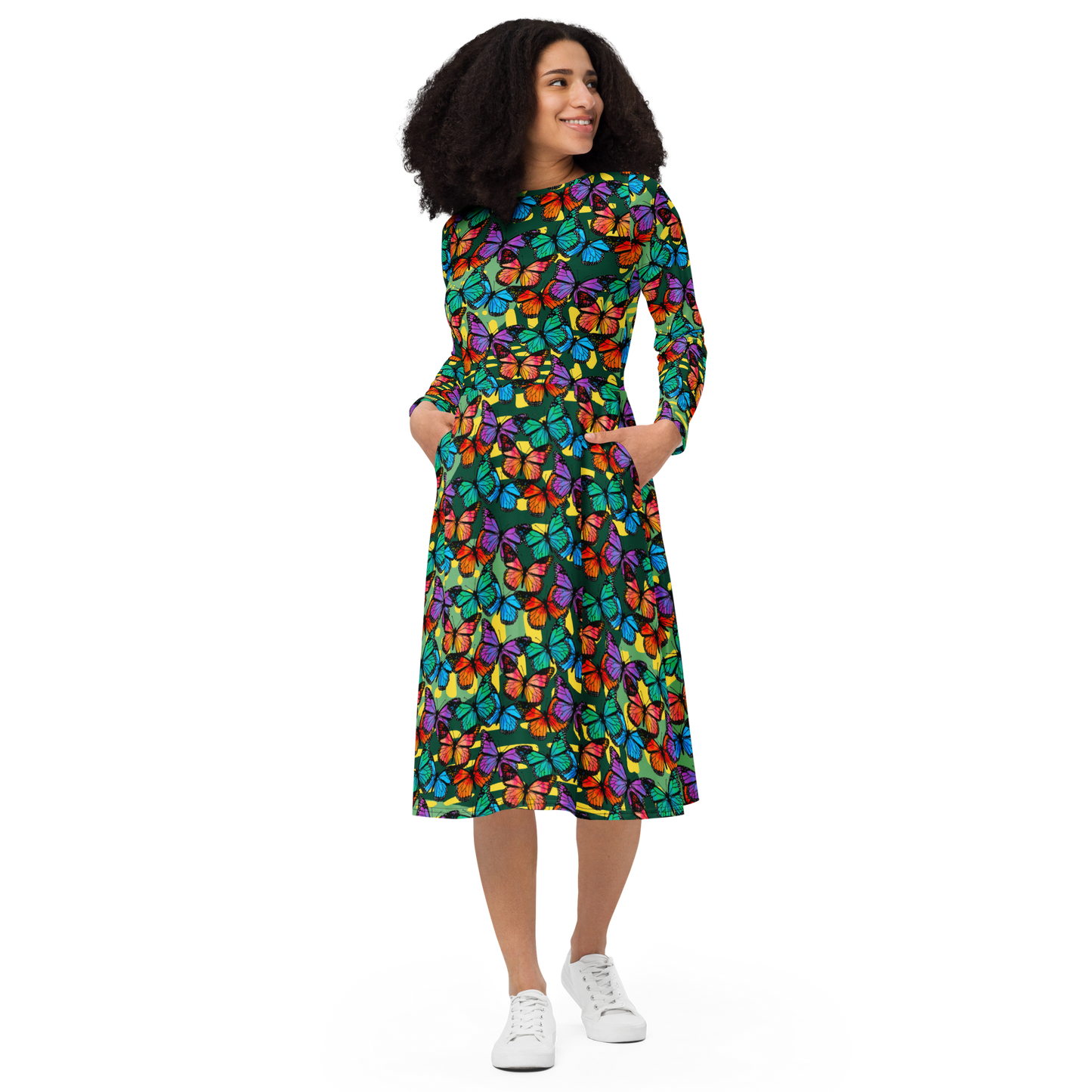 Long sleeve midi dress (Butterflies - Green)