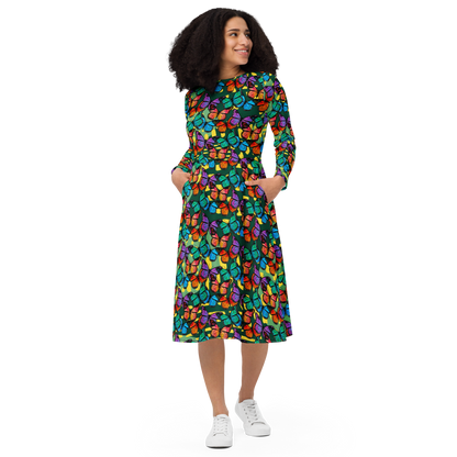 Long sleeve midi dress (Butterflies - Green)