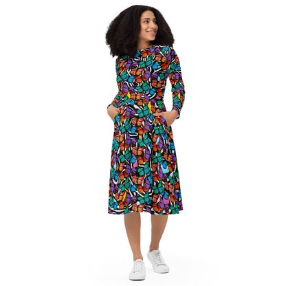 Long sleeve midi dress (Butterflies - Black & White)