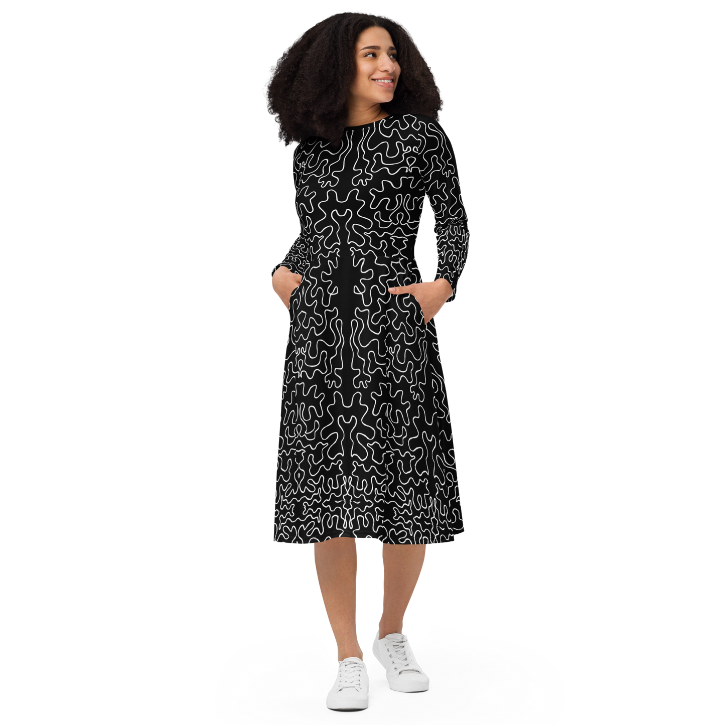 Long sleeve midi dress (Black & White Squiggle)