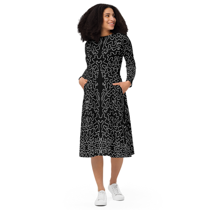 Long sleeve midi dress (Black & White Squiggle)