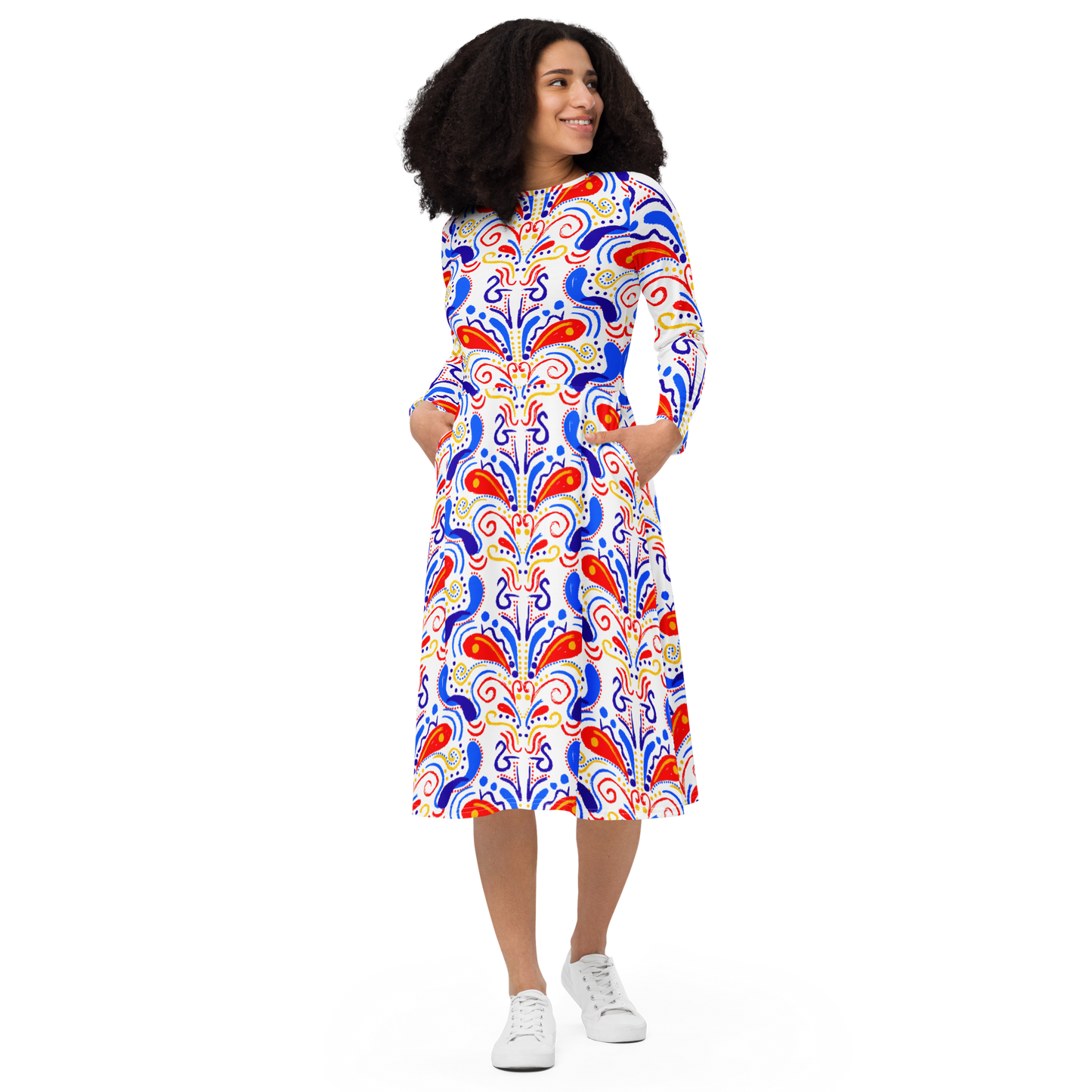 Long sleeve midi dress (Talavera-inspired|White)