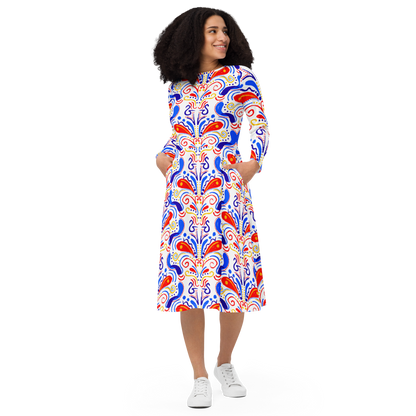 Long sleeve midi dress (Talavera-inspired|White)