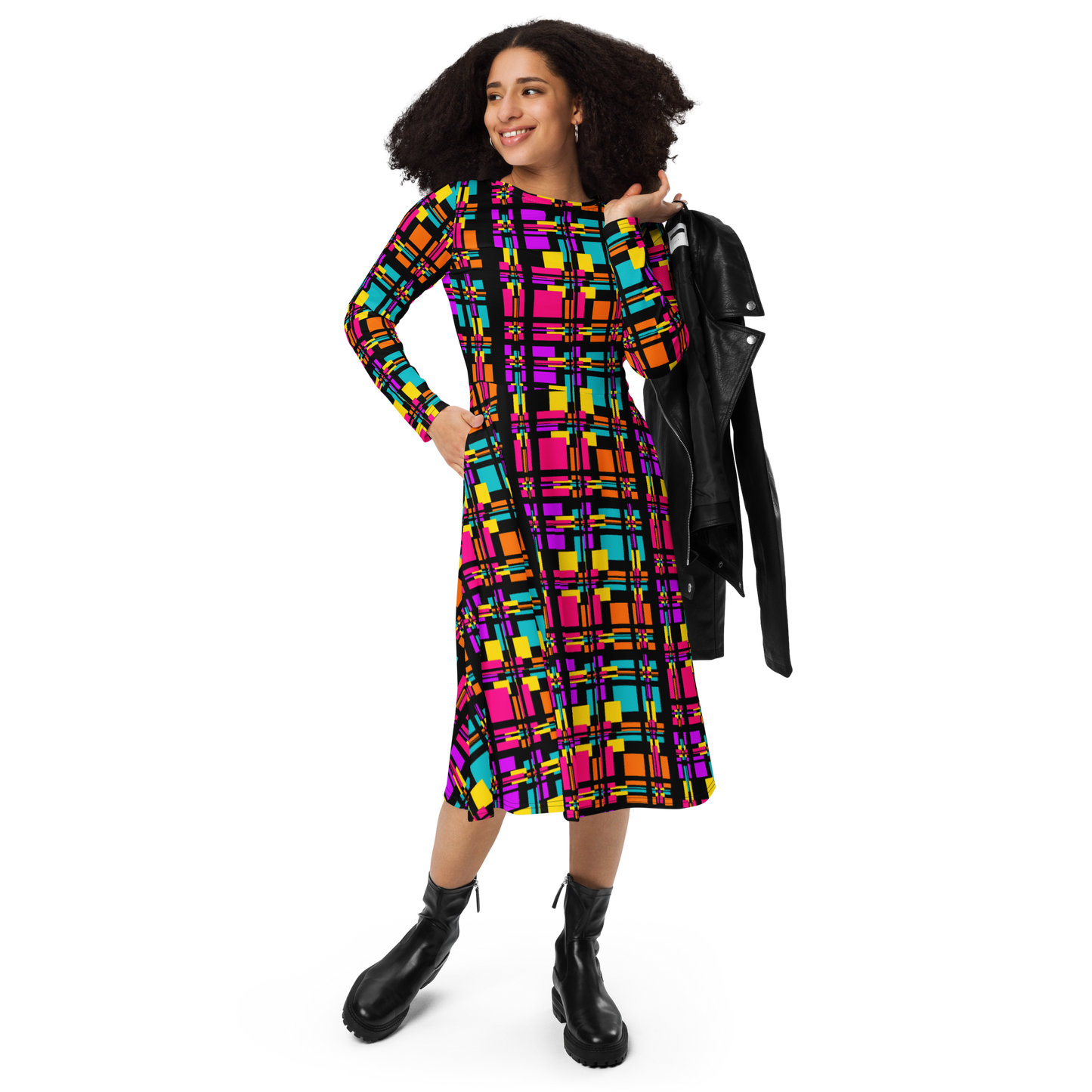 Long sleeve midi dress (Rainbow Plaid)