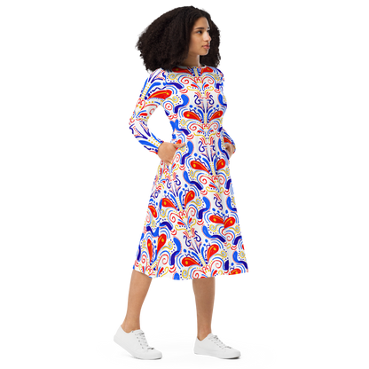 Long sleeve midi dress (Talavera-inspired|White)