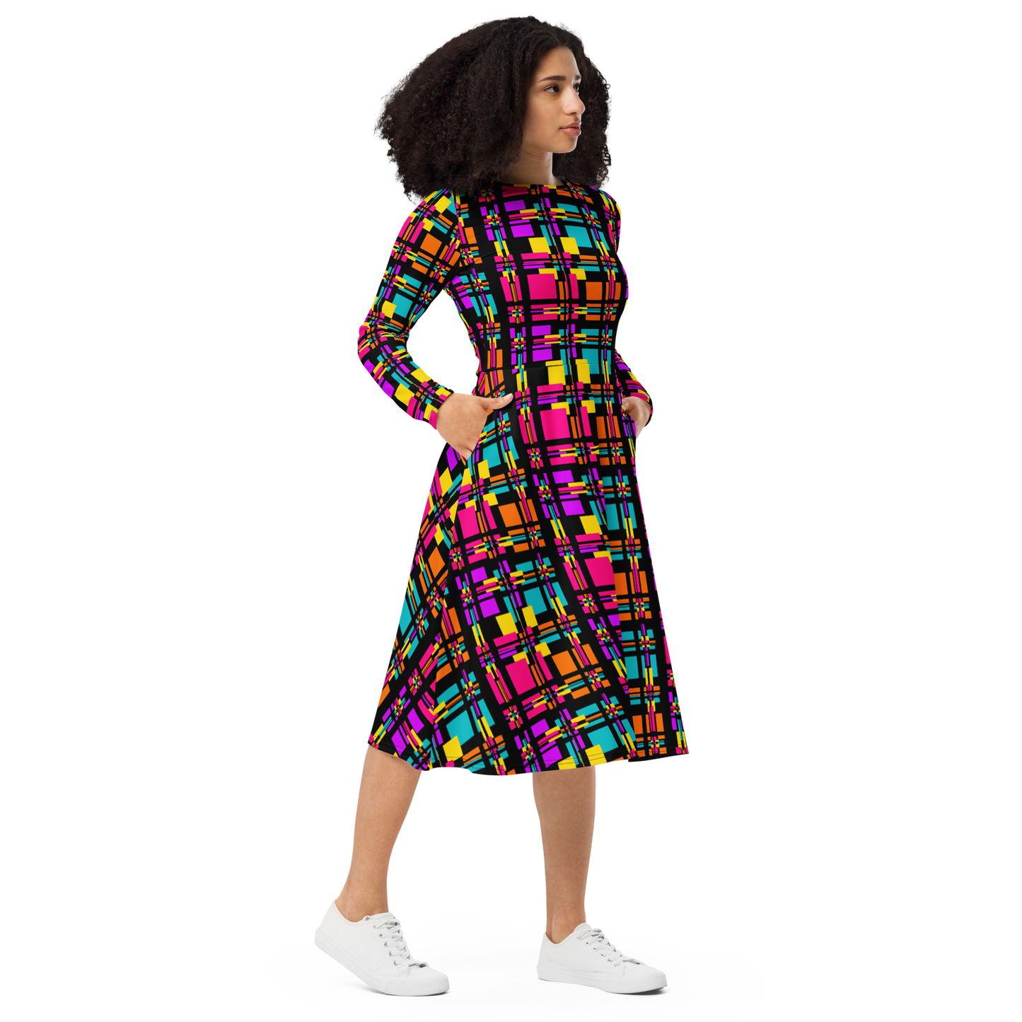 Long sleeve midi dress (Rainbow Plaid)