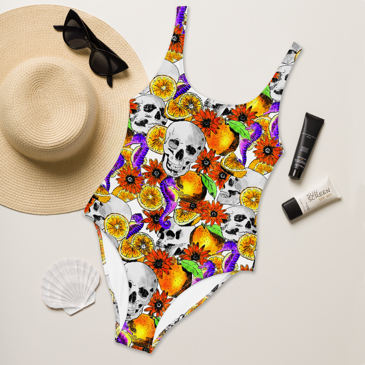 One-Piece Swimsuit (Skulls & Oranges)