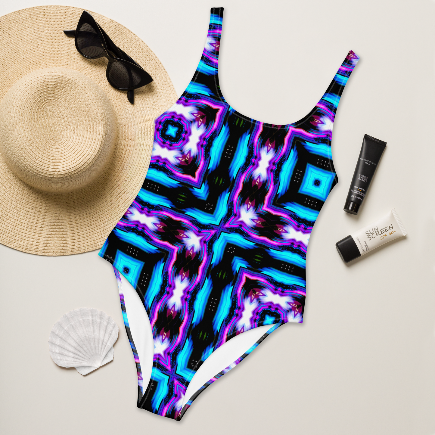 One-Piece Swimsuit (Neon Purple & Blue)