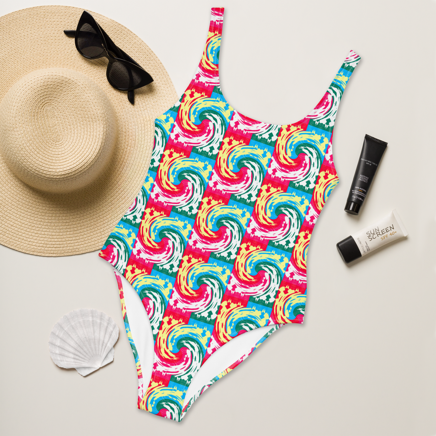 One-Piece Swimsuit (Pink Waves)