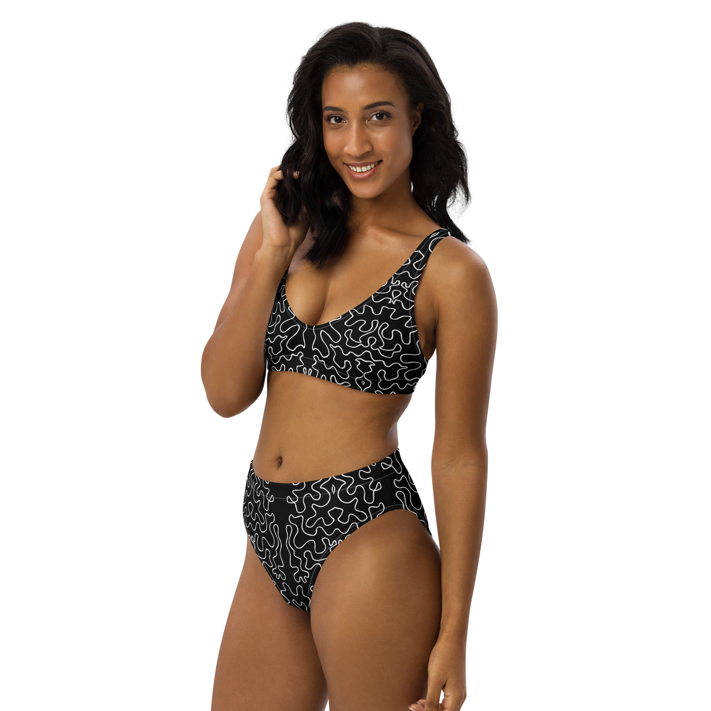 High-waisted bikini (Black & White Squiggle)