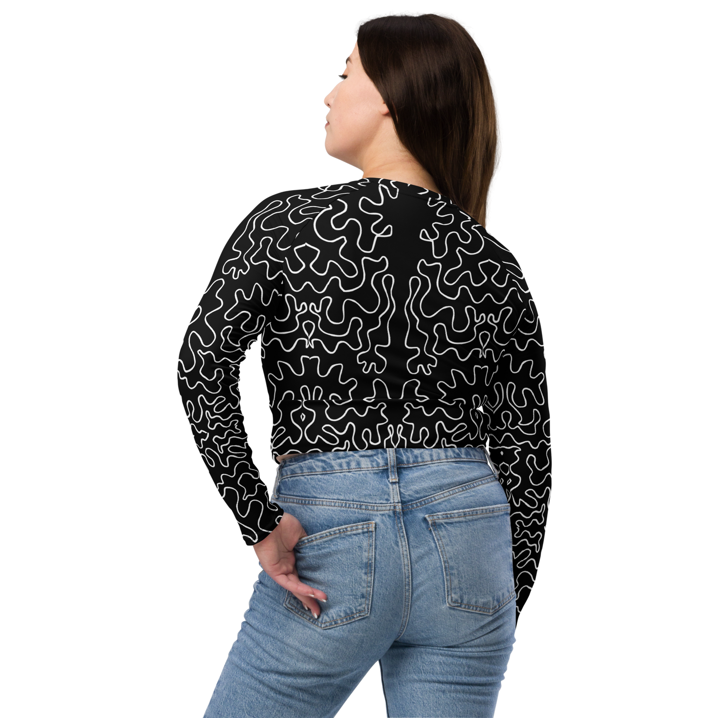 Long-sleeve crop top (Black & White Squiggle)