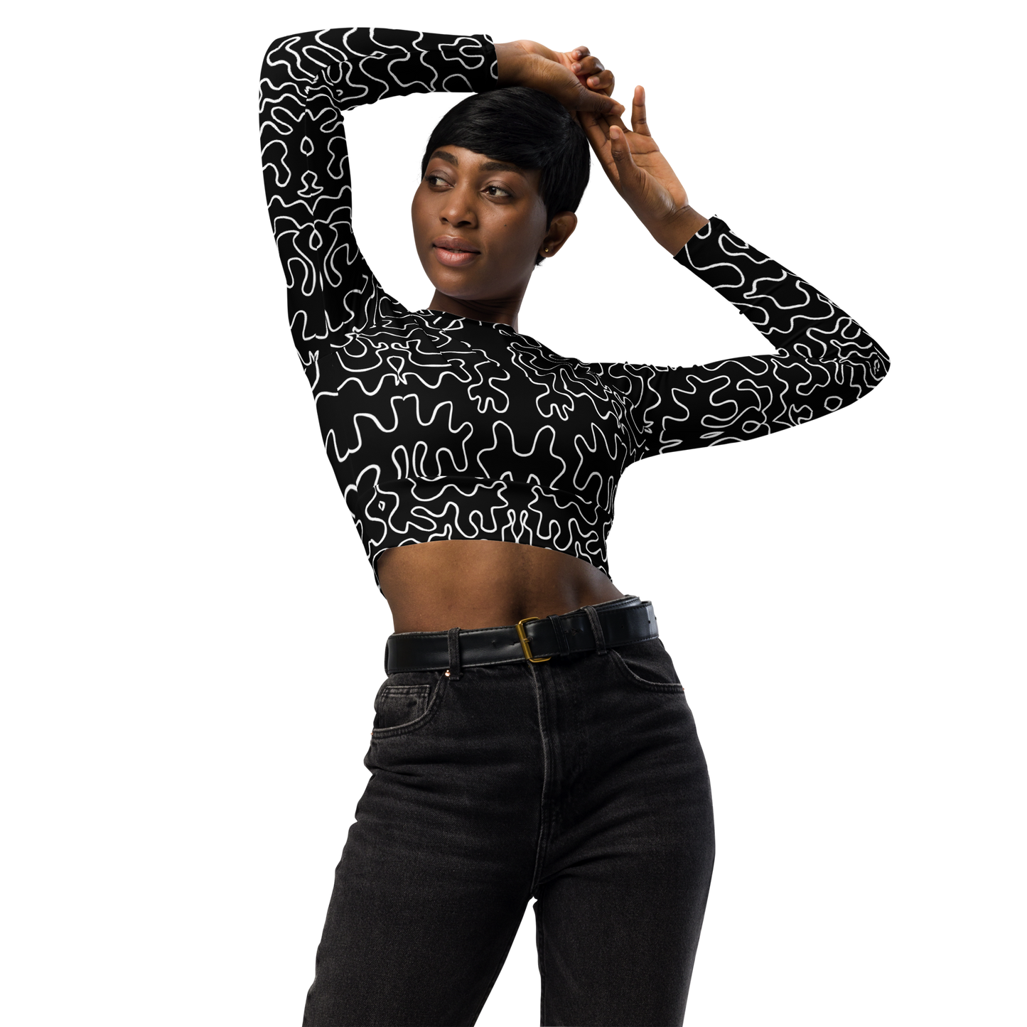 Long-sleeve crop top (Black & White Squiggle)