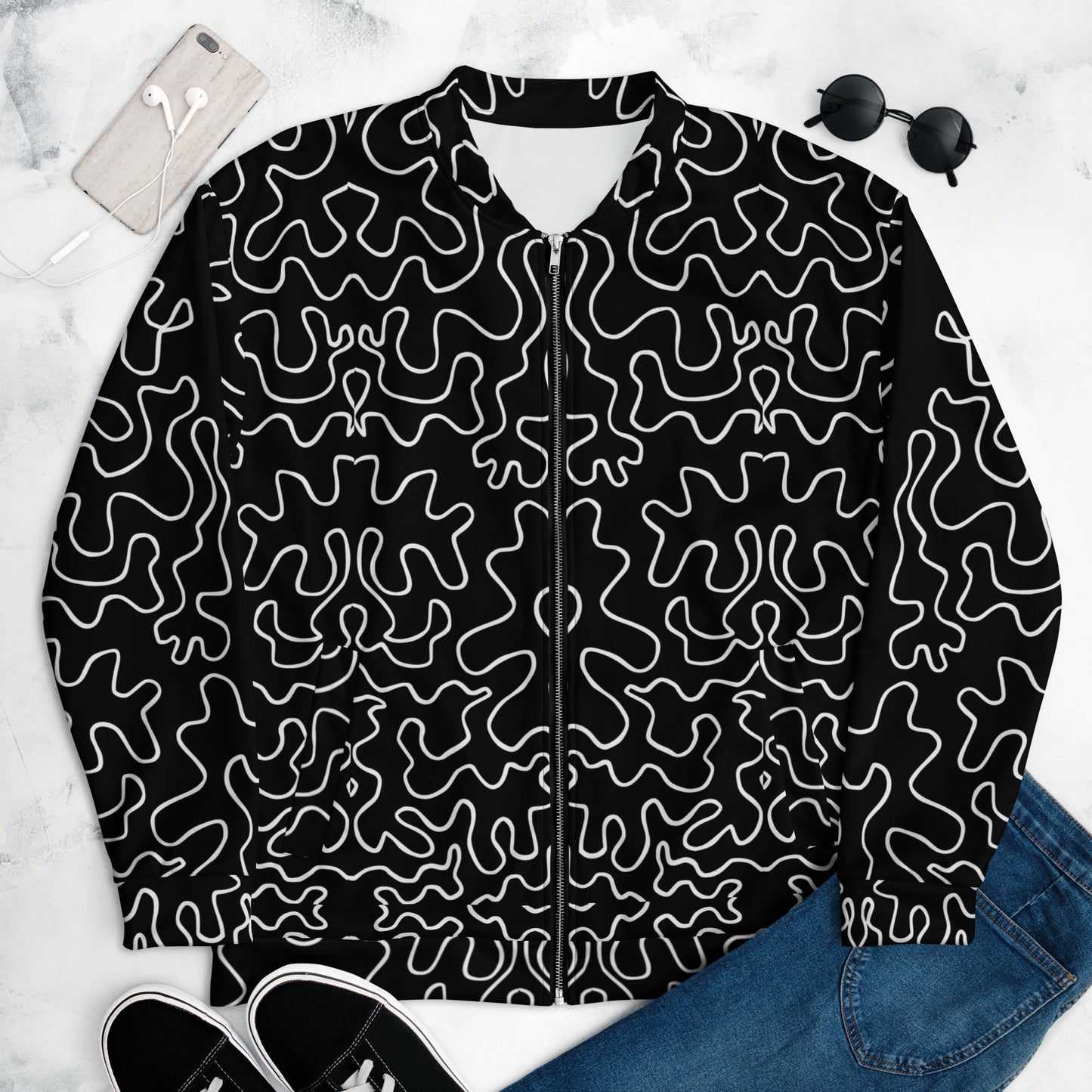 Unisex Bomber Jacket (Black & White Squiggle)