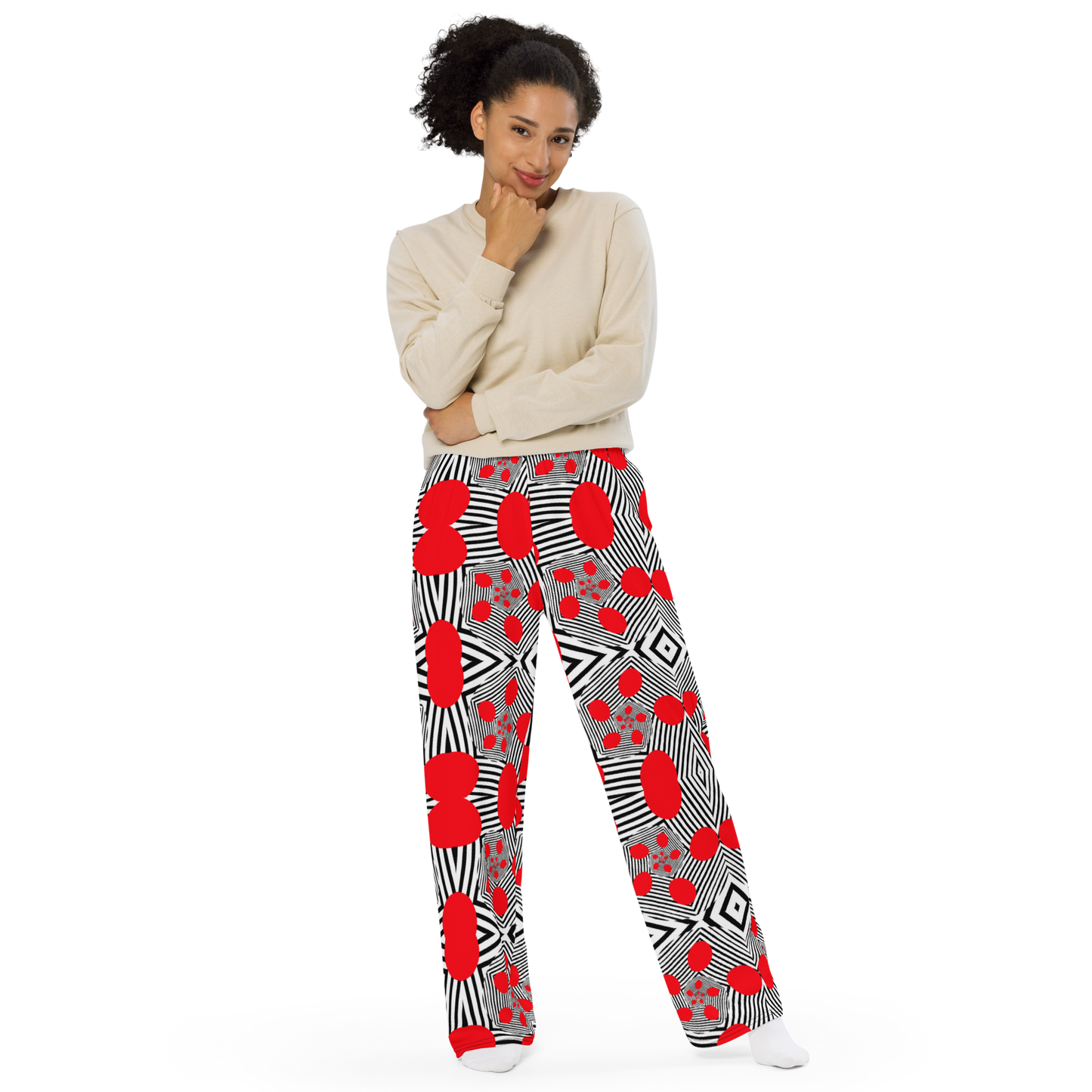 Unisex wide-leg pants (Red Geometric)