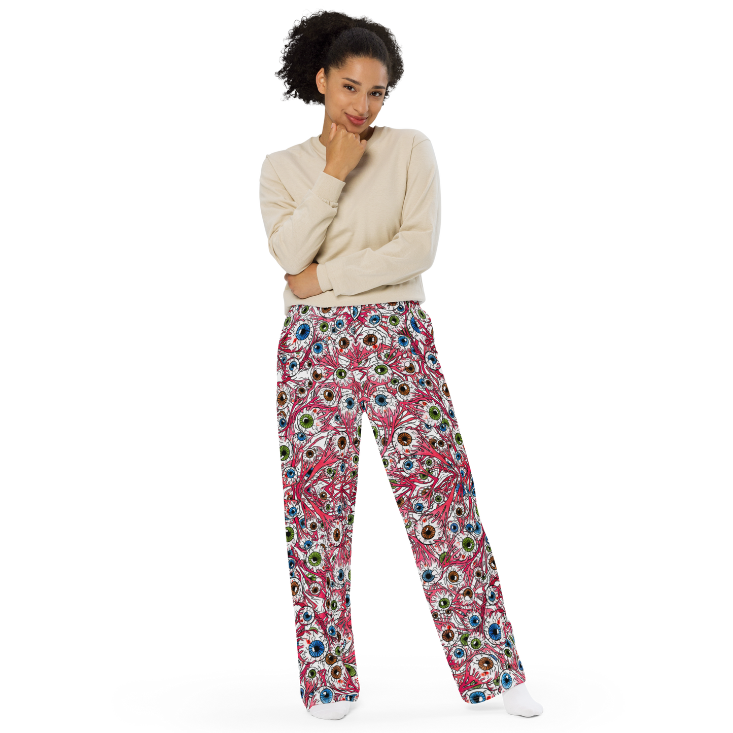 Unisex wide-leg pants (Eyeballs|White)