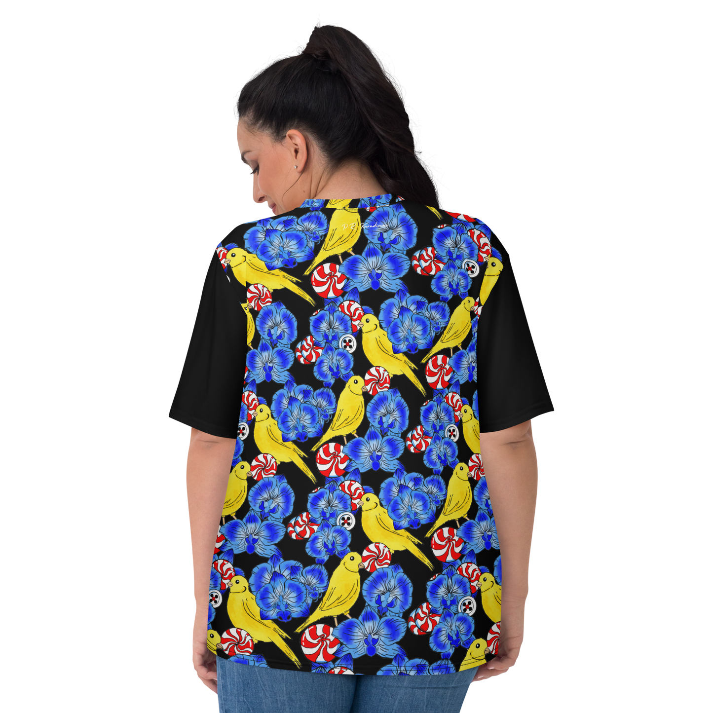 Women's T-shirt (Canaries & Orchids|Black Sleeves)