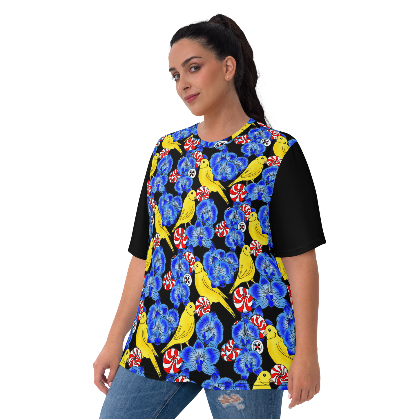 Women's T-shirt (Canaries & Orchids|Black Sleeves)