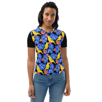 Women's T-shirt (Canaries & Orchids|Black Sleeves)