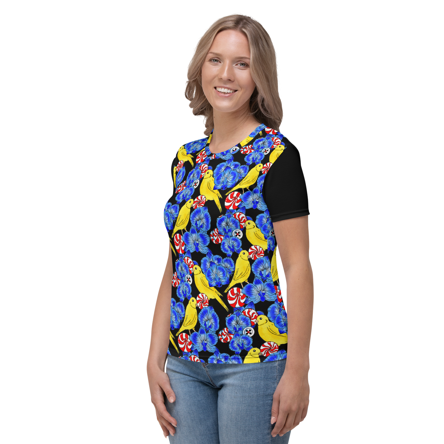 Women's T-shirt (Canaries & Orchids|Black Sleeves)