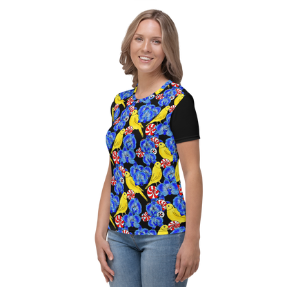 Women's T-shirt (Canaries & Orchids|Black Sleeves)