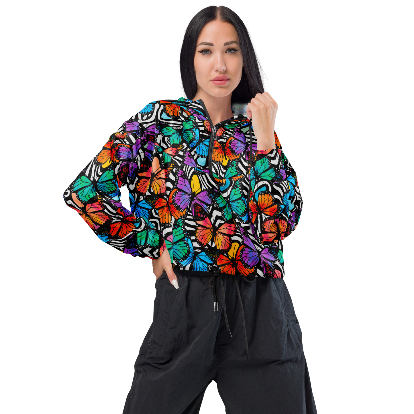 Cropped windbreaker (Butterflies - Black & White)