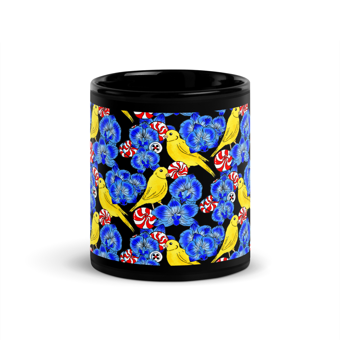 Black Glossy Mug (Canaries & Orchids)