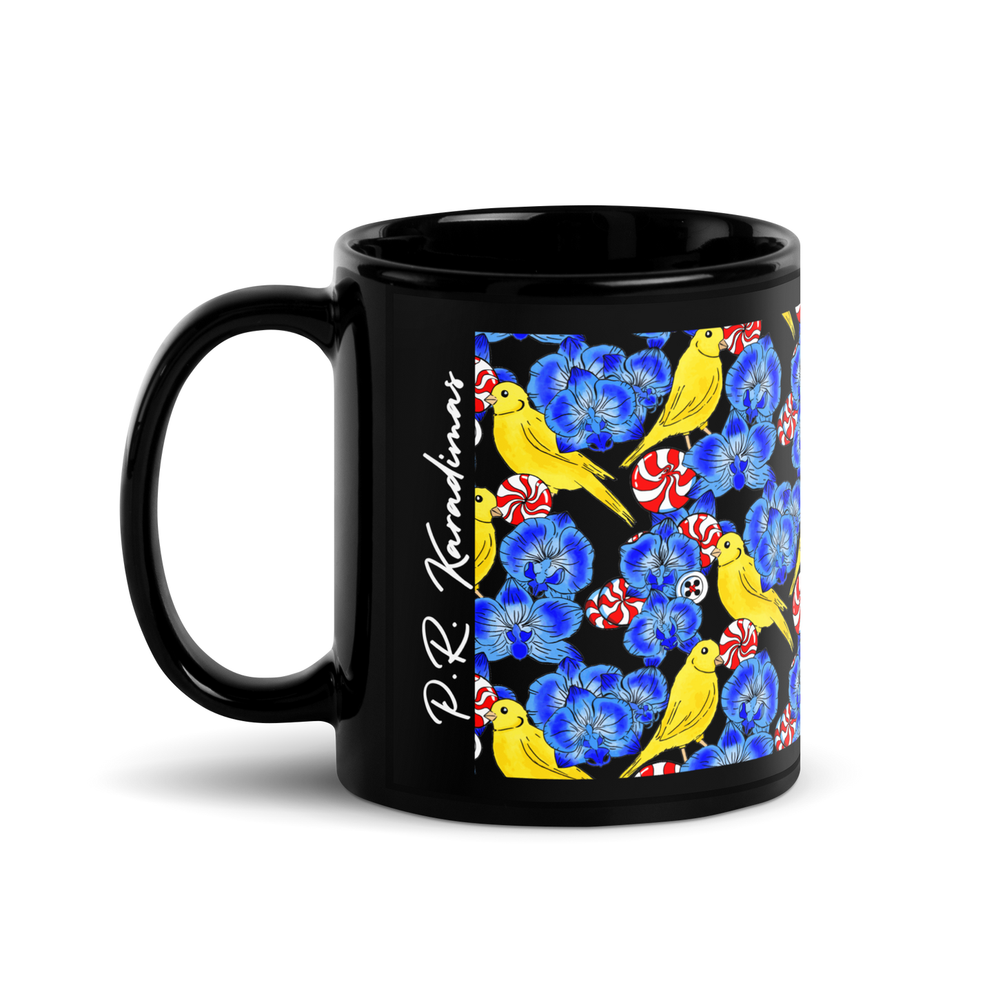 Black Glossy Mug (Canaries & Orchids)