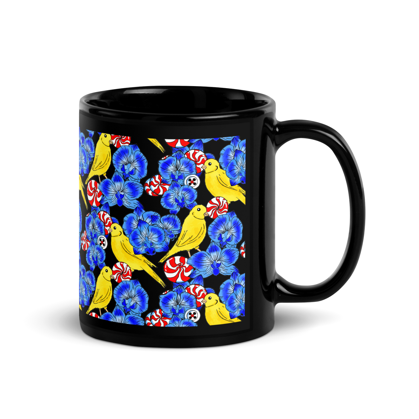 Black Glossy Mug (Canaries & Orchids)